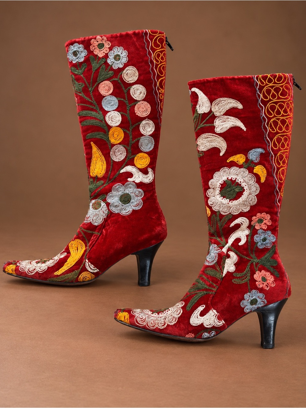 EDOCHE Hand Embroidered Red Velvet Knee High Boots Kitten Heel Boho 36